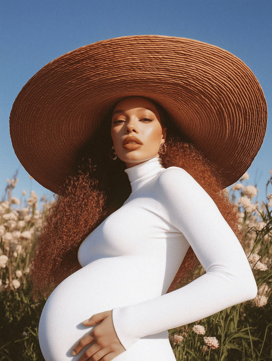 Pregnant woman with curly hair, in a white dress and large straw hat, cradles her belly in a flower field.